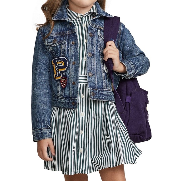 NWT Little Girls POLO RALPH LAUREN Letterman-Varsity Patches Denim Jacket Sz 5